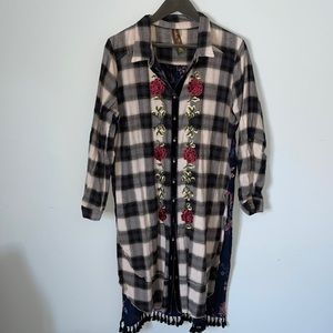 Plaid Button Down Tunic Shirt Dress with embroidered floral detailing - OS